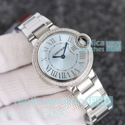 Best AAA Replica Cartier Ballon Bleu Ice Blue Steel Quartz Watches with Diamond